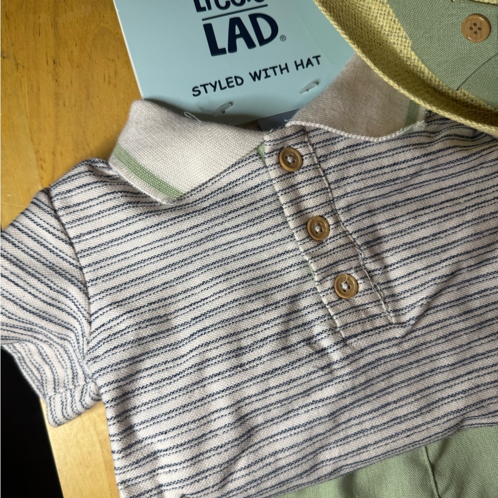 Little Lad 3 Piece |Striped Shirt and Green Shorts Set with Hat - Picture 4 of 6
